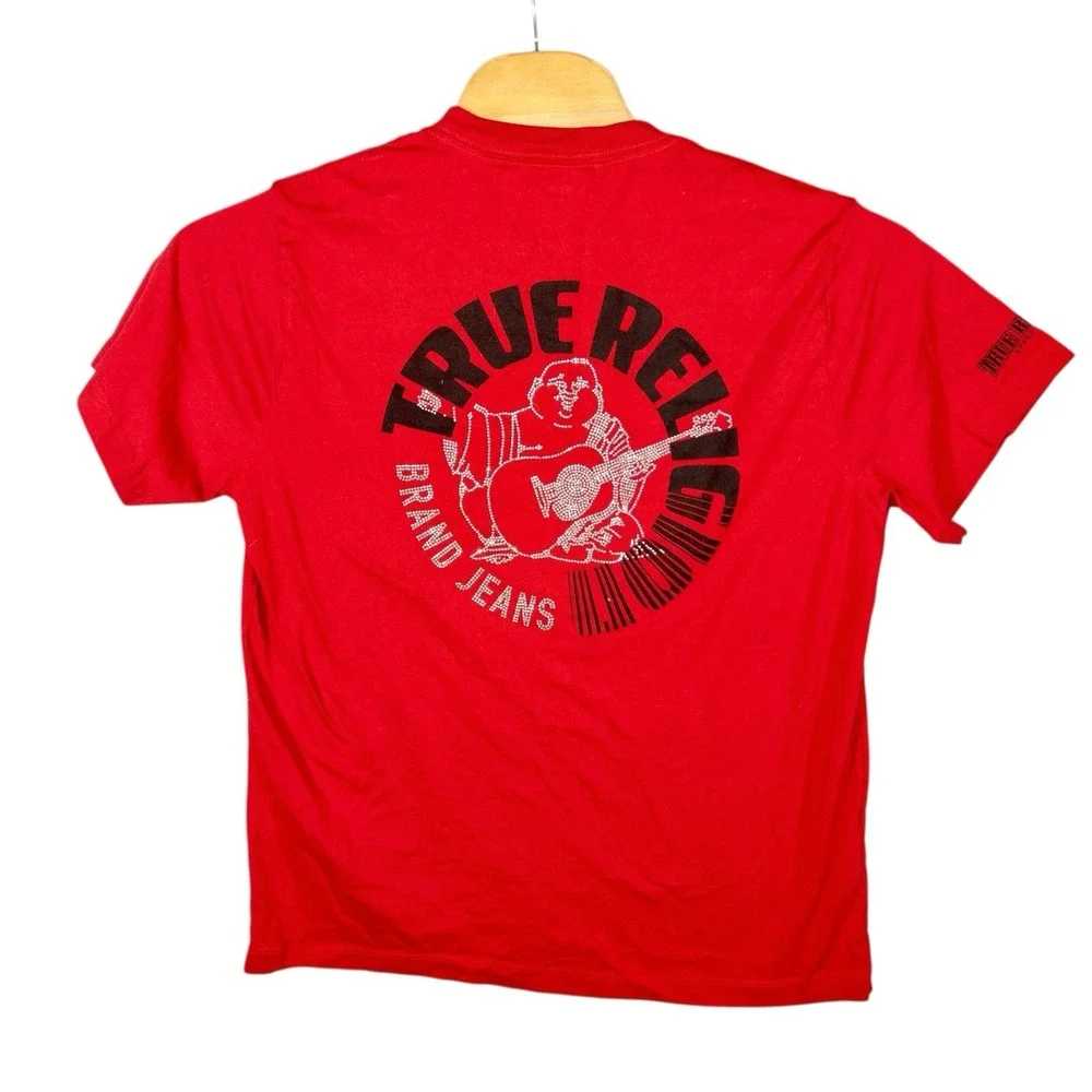True Religion World Tour Red‎ T Shirt Mens XXL Rhinestones Streetwear Western
